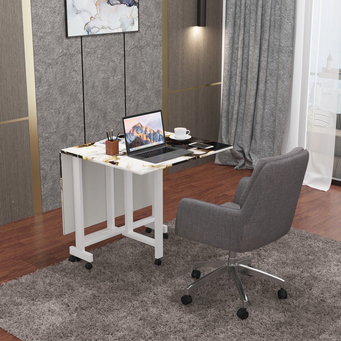 Folding Dining Table(Rectangular, White and Black with Gold Marble, White Metal Frame)