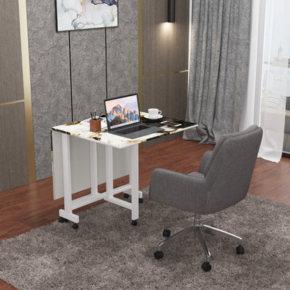 Folding Dining Table(Rectangular, White and Black with Gold Marble, White Metal Frame)