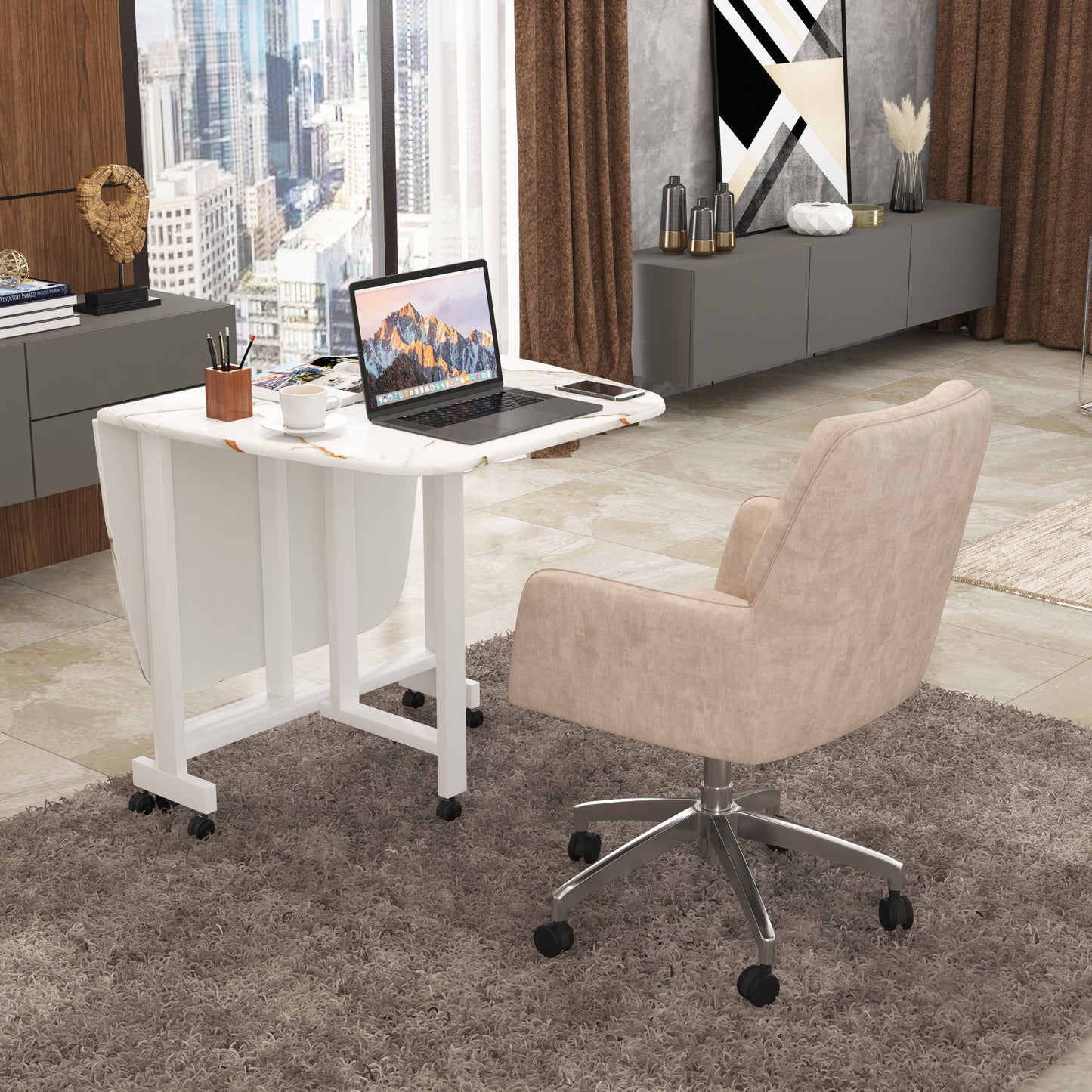 Folding Dining Table( Italian, White with Gold Marble, White Metal Frame)