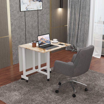 Folding Dining Table(Rectangular, Gold Marble, White Metal Frame)