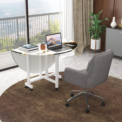 Folding Dining Table( Round, White and Black with Gold Marble, White Metal Frame)