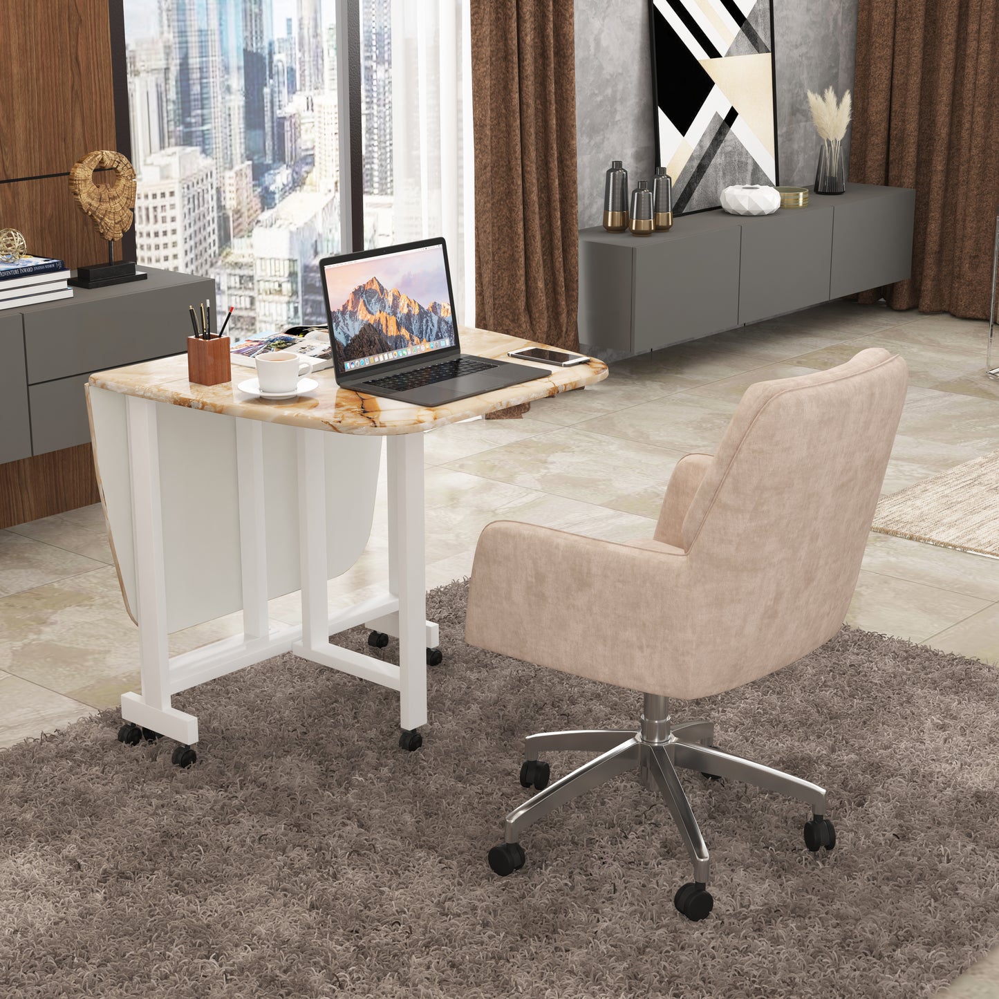 Folding Dining Table( Italian, Gold Marble, White Metal Frame)