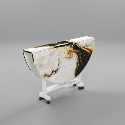 Folding Dining Table( Round, White and Black with Gold Marble, White Metal Frame)