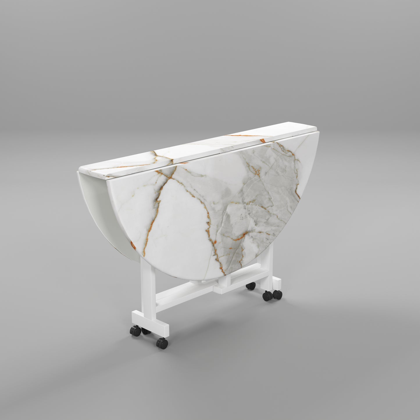 Folding Dining Table( Round, White with Gold Marble, White Metal Frame)