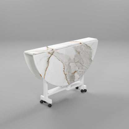 Folding Dining Table( Round, White with Gold Marble, White Metal Frame)