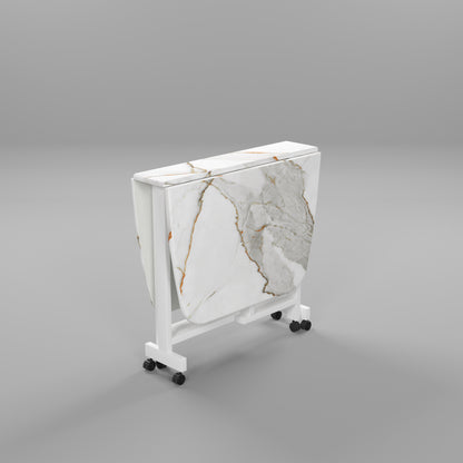 Folding Dining Table( Italian, White with Gold Marble, White Metal Frame)