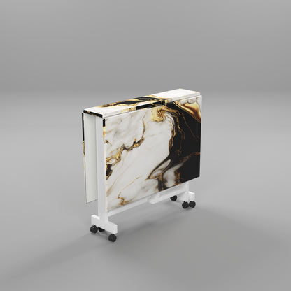 Folding Dining Table(Rectangular, White and Black with Gold Marble, White Metal Frame)