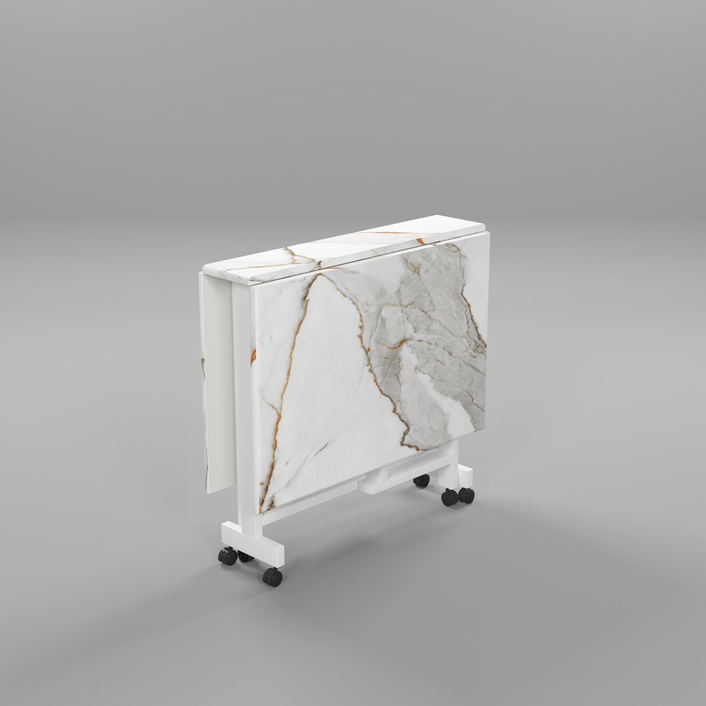 Folding Dining Table(Rectangular, White with Gold Marble, White Metal Frame)