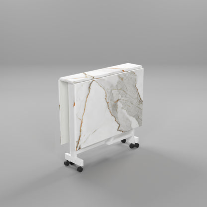 Folding Dining Table(Rectangular, White with Gold Marble, White Metal Frame)