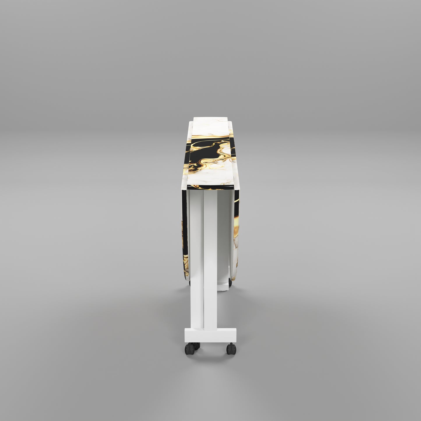 Folding Dining Table( Round, White and Black with Gold Marble, White Metal Frame)