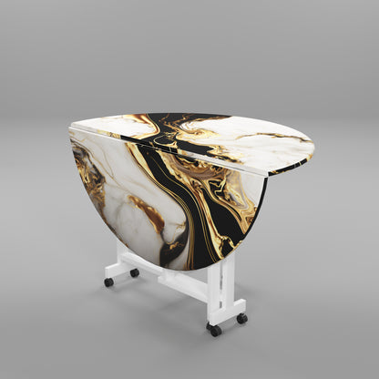 Folding Dining Table( Round, White and Black with Gold Marble, White Metal Frame)