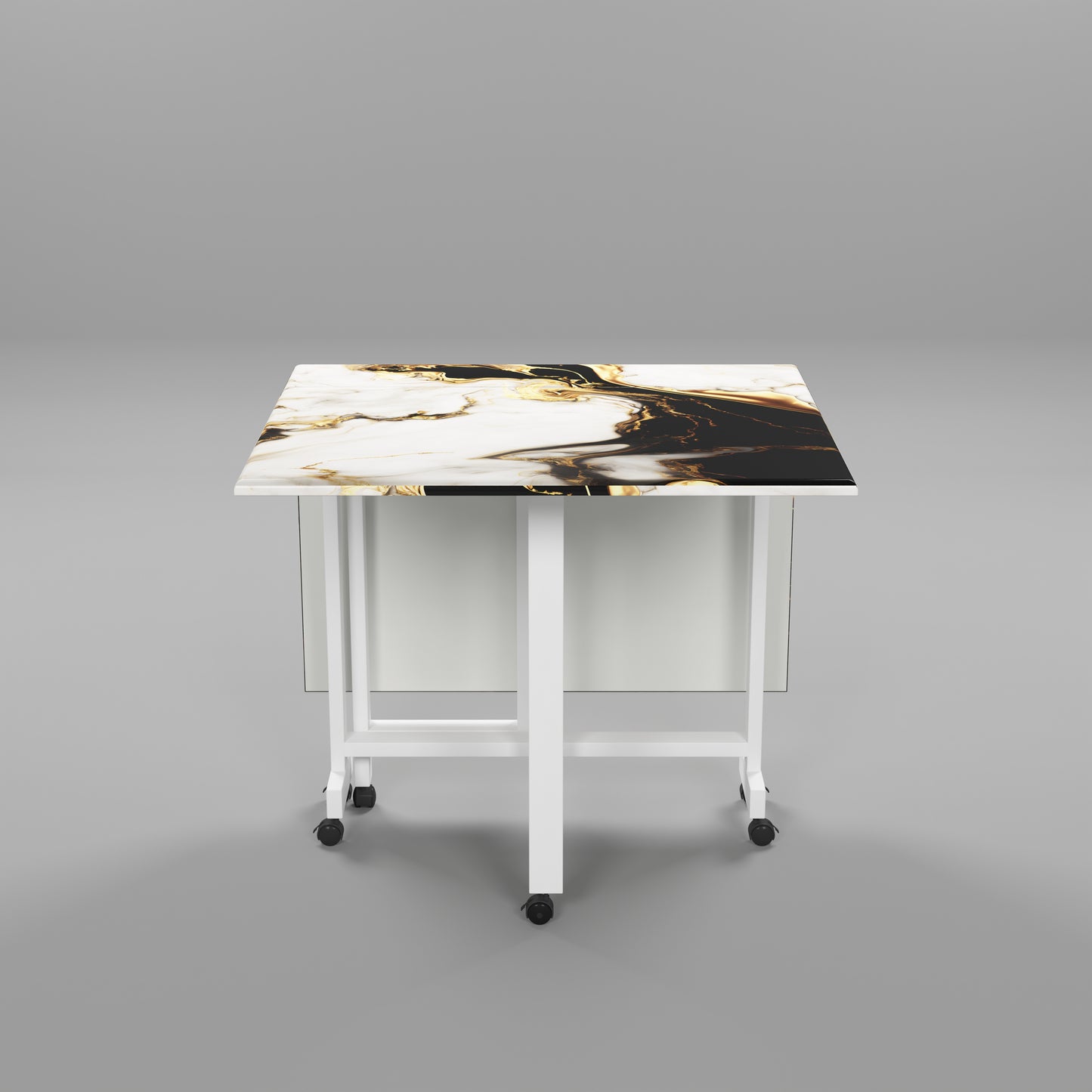 Folding Dining Table(Rectangular, White and Black with Gold Marble, White Metal Frame)