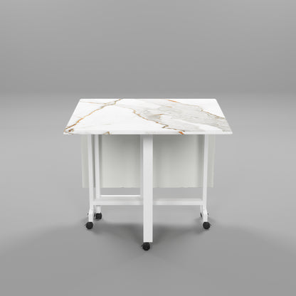 Folding Dining Table(Rectangular, White with Gold Marble, White Metal Frame)