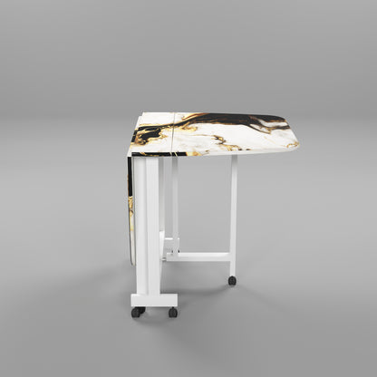 Folding Dining Table( Italian, White and Black with Gold Marble, White Metal Frame)