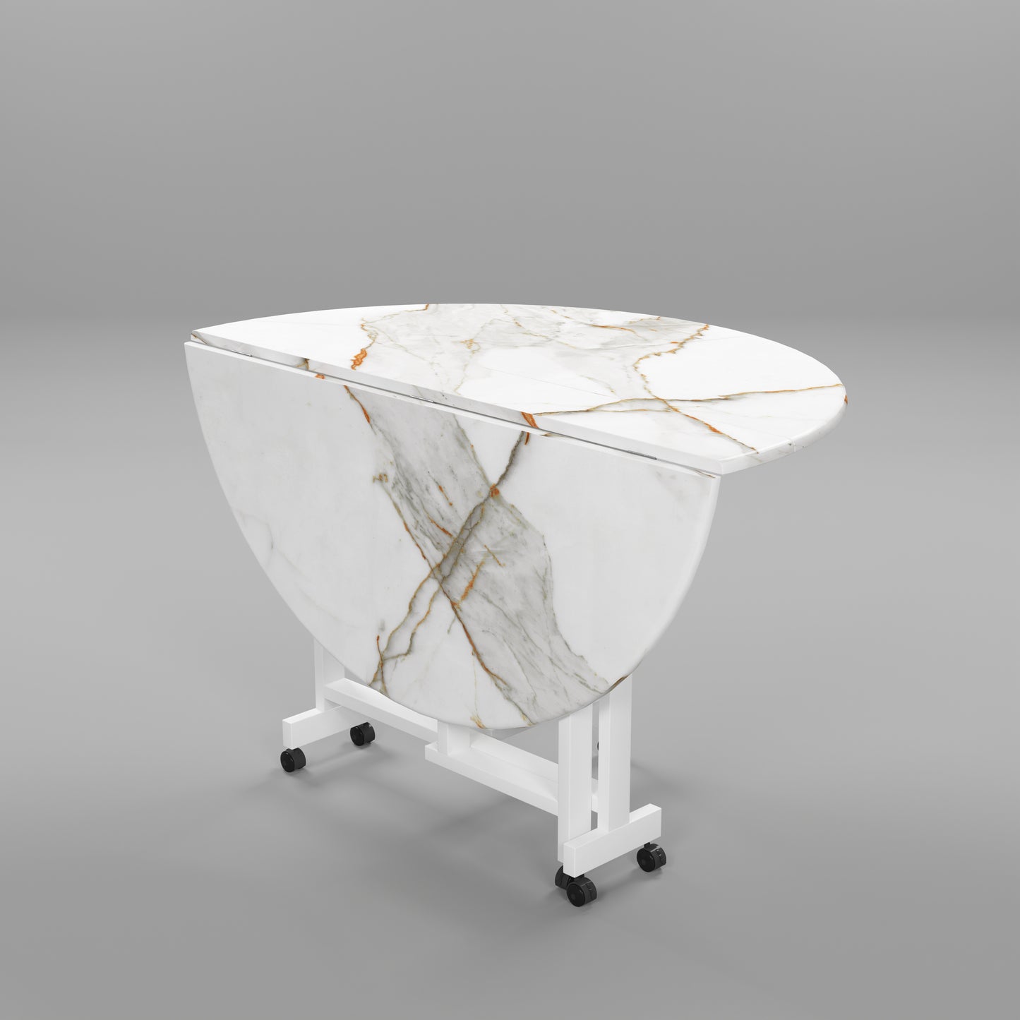 Folding Dining Table( Round, White with Gold Marble, White Metal Frame)