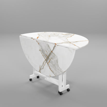 Folding Dining Table( Round, White with Gold Marble, White Metal Frame)
