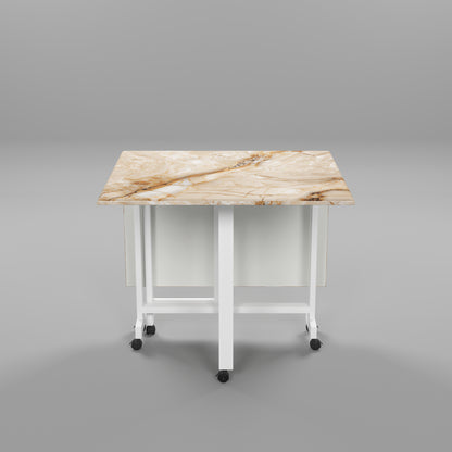 Folding Dining Table(Rectangular, Gold Marble, White Metal Frame)