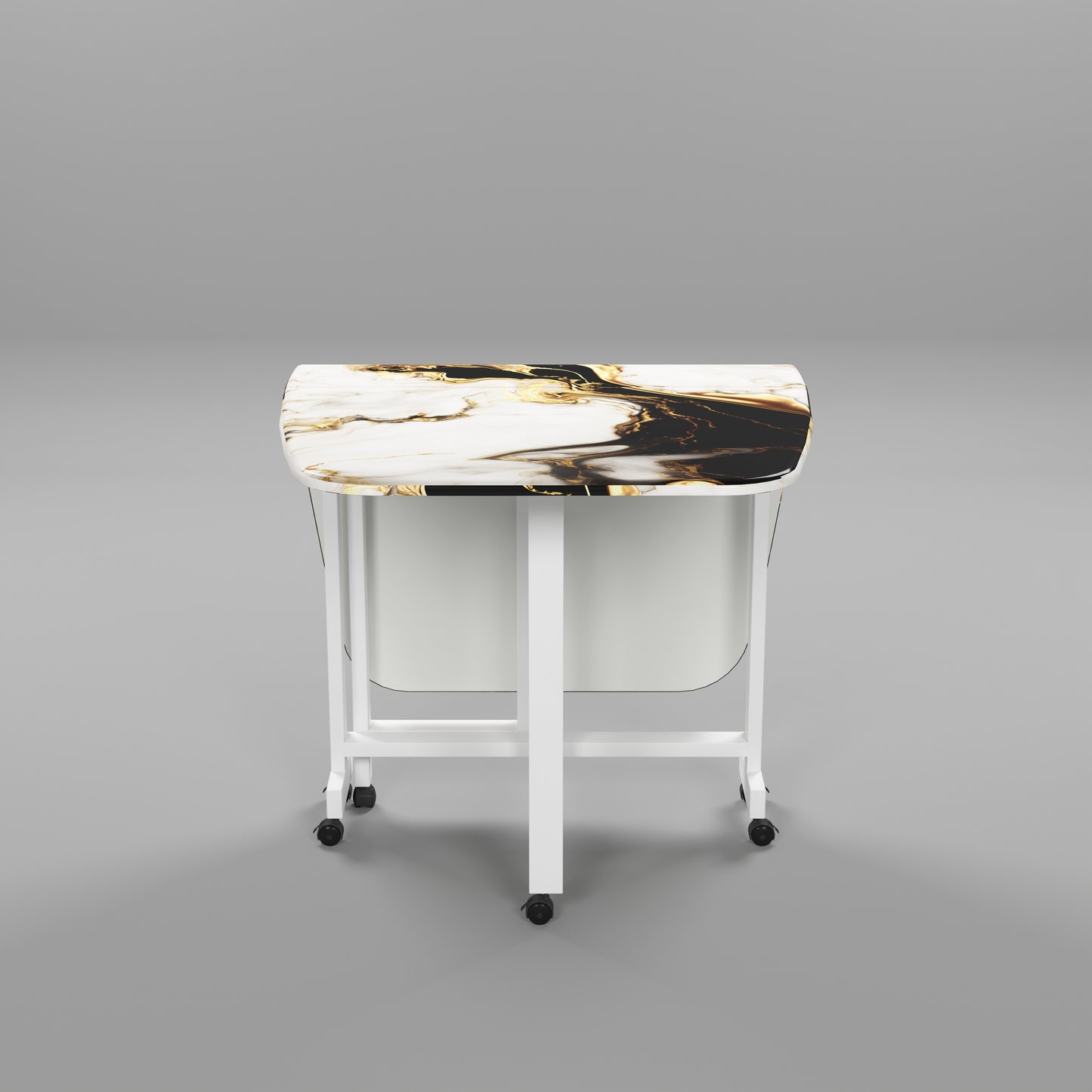 Folding Dining Table( Italian, White and Black with Gold Marble, White Metal Frame)