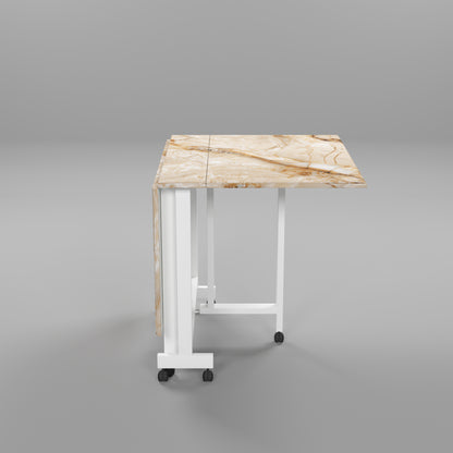 Folding Dining Table(Rectangular, Gold Marble, White Metal Frame)