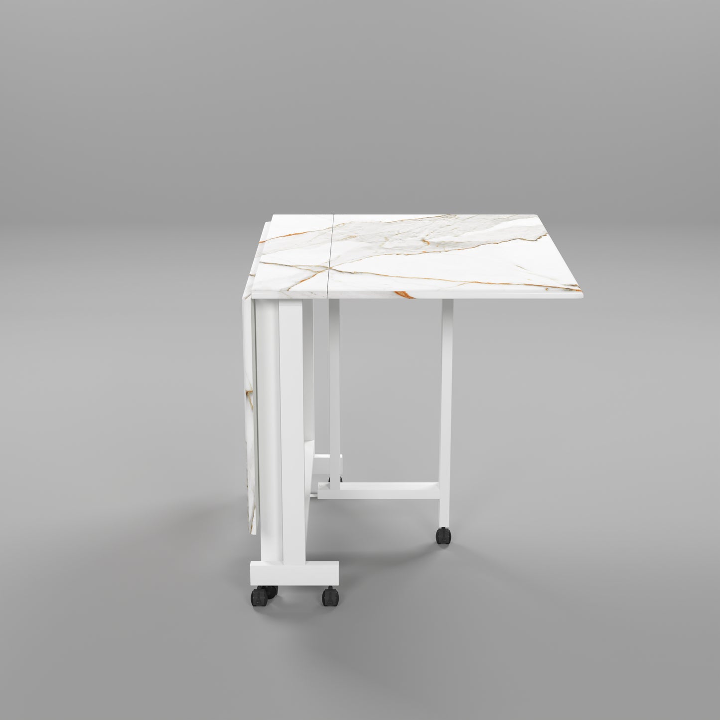 Folding Dining Table(Rectangular, White with Gold Marble, White Metal Frame)