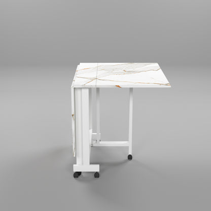 Folding Dining Table(Rectangular, White with Gold Marble, White Metal Frame)