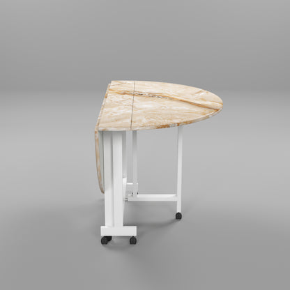 Folding Dining Table( Round, Gold Marble, White Metal Frame)