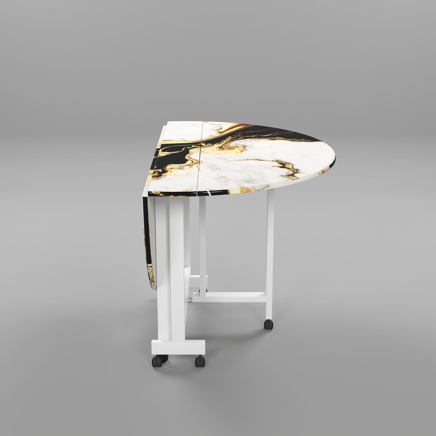 Folding Dining Table( Round, White and Black with Gold Marble, White Metal Frame)