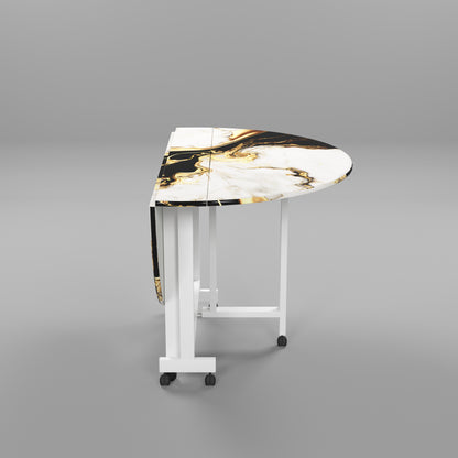 Folding Dining Table( Round, White and Black with Gold Marble, White Metal Frame)