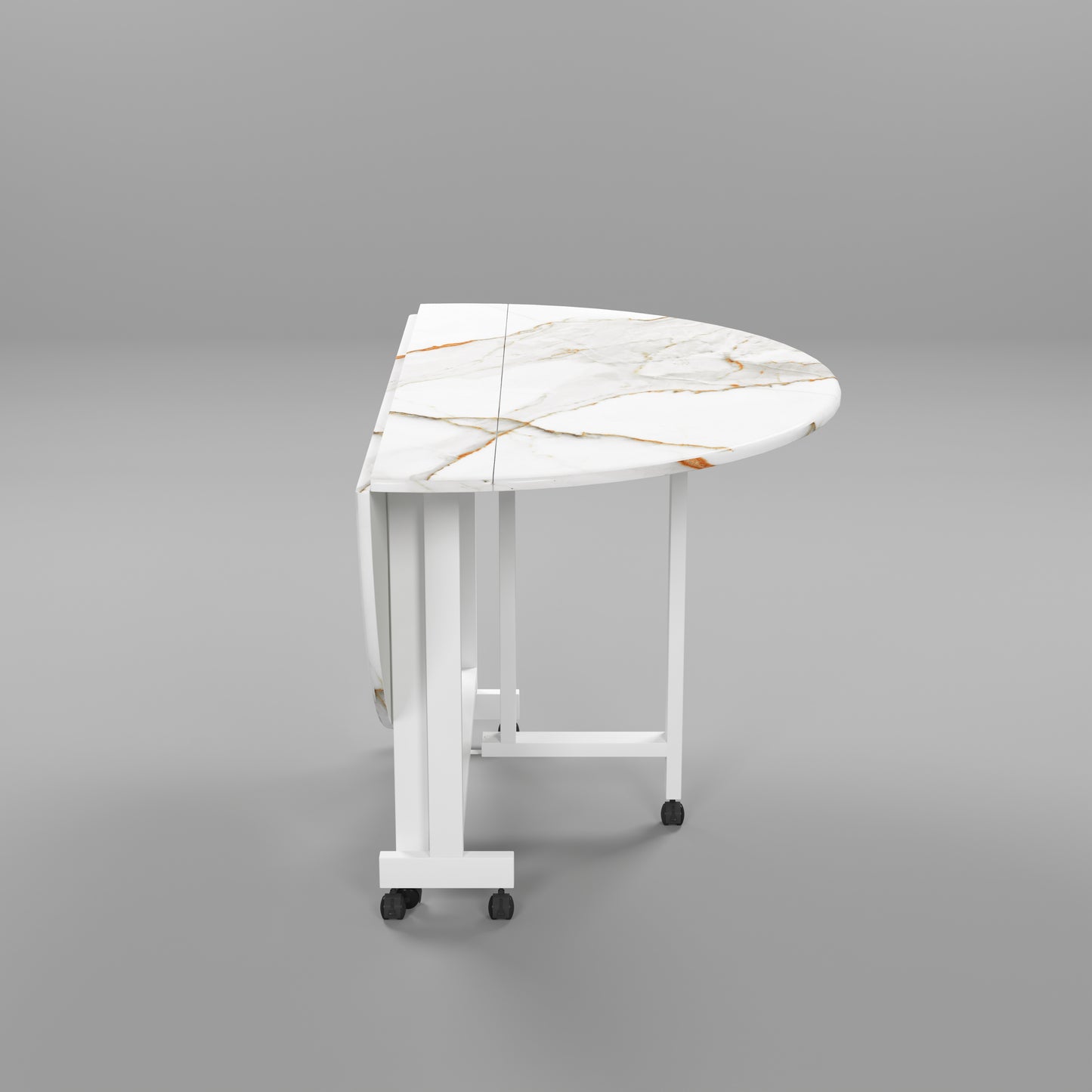 Folding Dining Table( Round, White with Gold Marble, White Metal Frame)