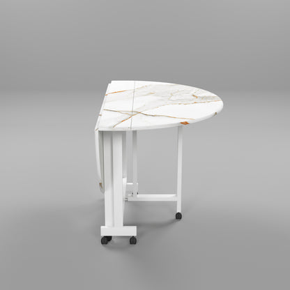 Folding Dining Table( Round, White with Gold Marble, White Metal Frame)