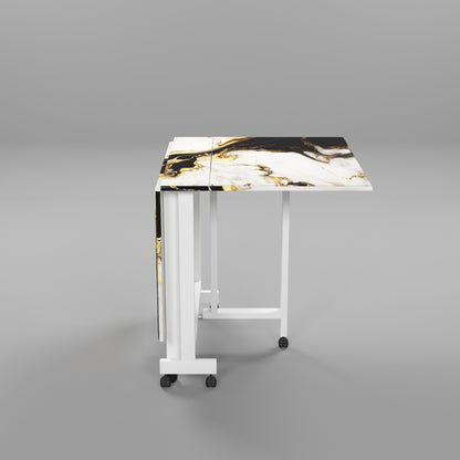 Folding Dining Table(Rectangular, White and Black with Gold Marble, White Metal Frame)