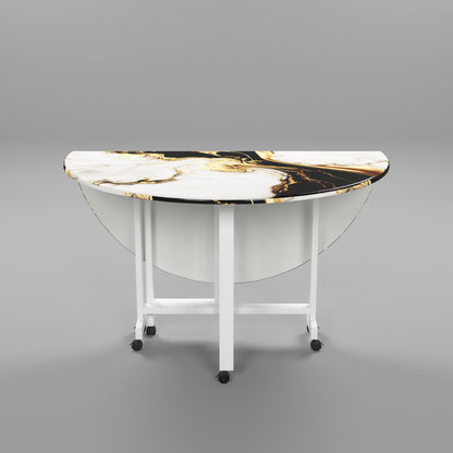 Folding Dining Table( Round, White and Black with Gold Marble, White Metal Frame)
