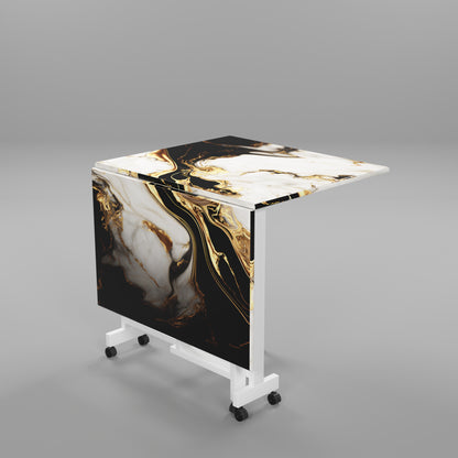 Folding Dining Table(Rectangular, White and Black with Gold Marble, White Metal Frame)