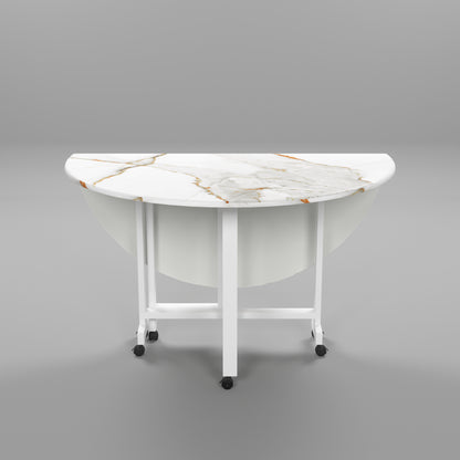 Folding Dining Table( Round, White with Gold Marble, White Metal Frame)