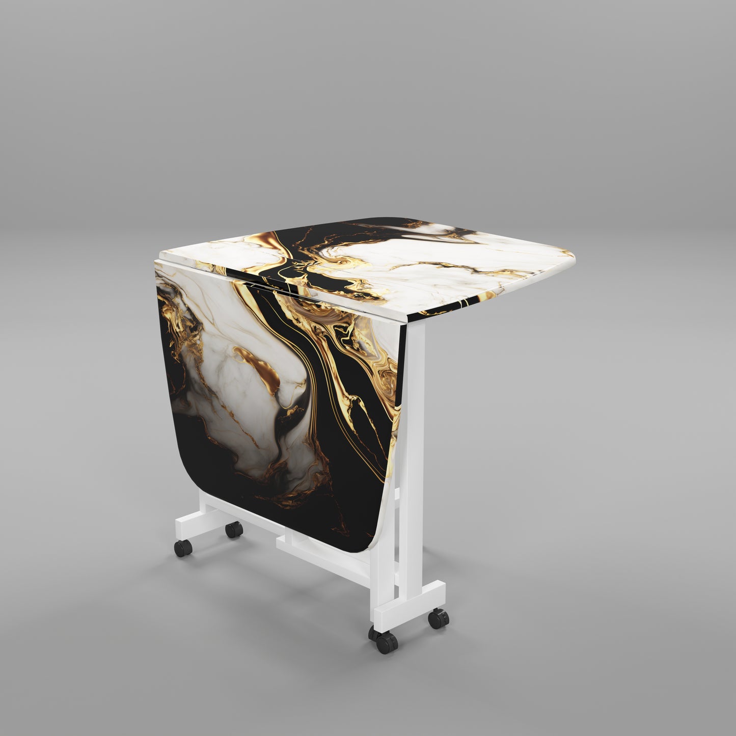 Folding Dining Table( Italian, White and Black with Gold Marble, White Metal Frame)
