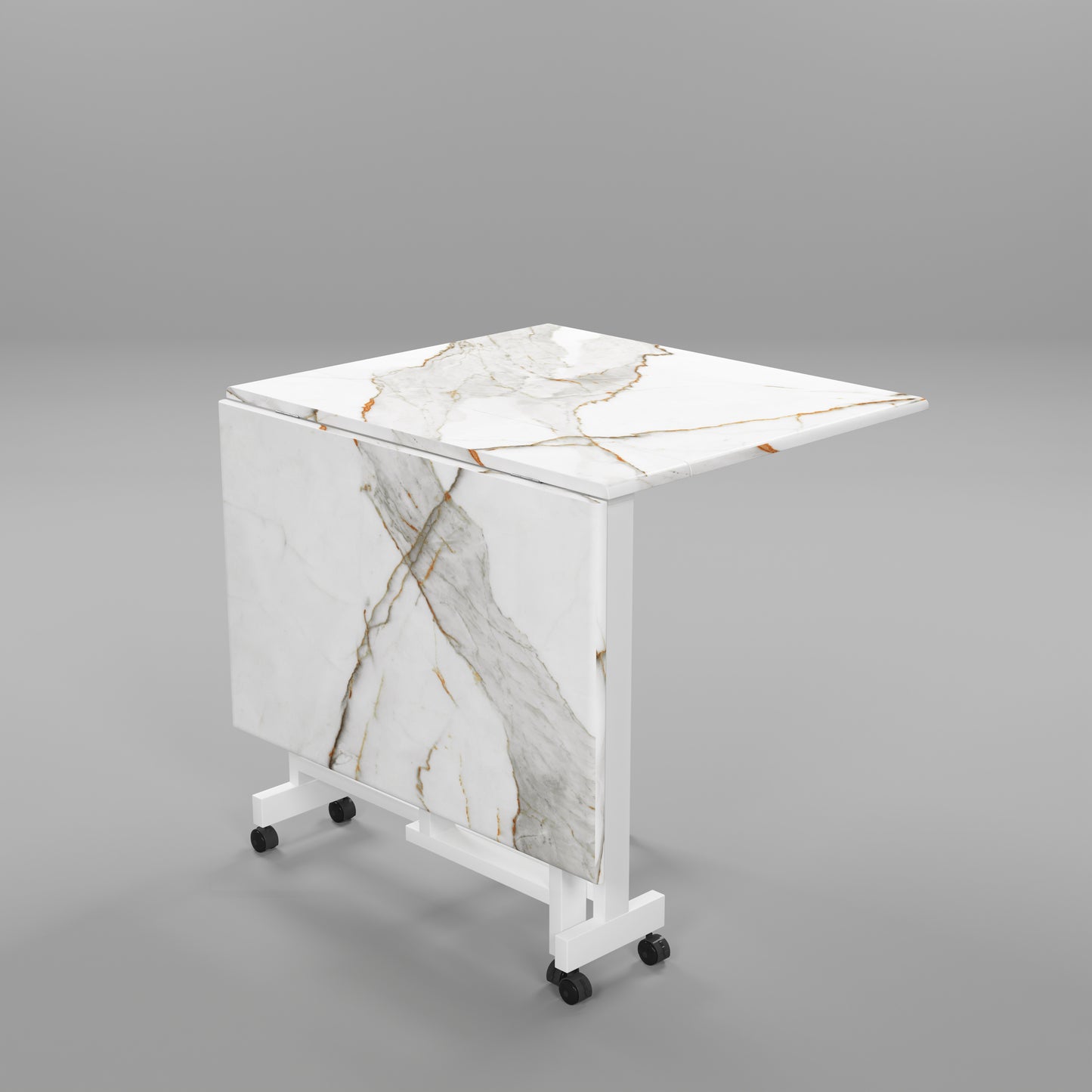 Folding Dining Table(Rectangular, White with Gold Marble, White Metal Frame)