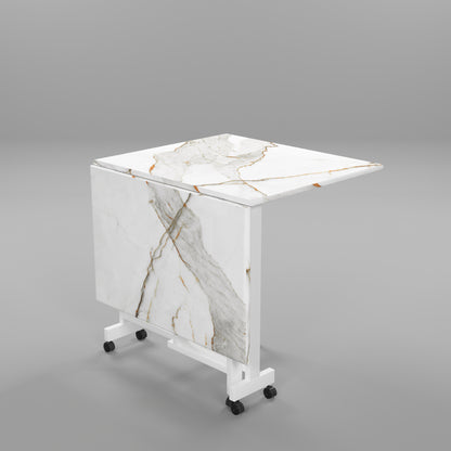 Folding Dining Table(Rectangular, White with Gold Marble, White Metal Frame)