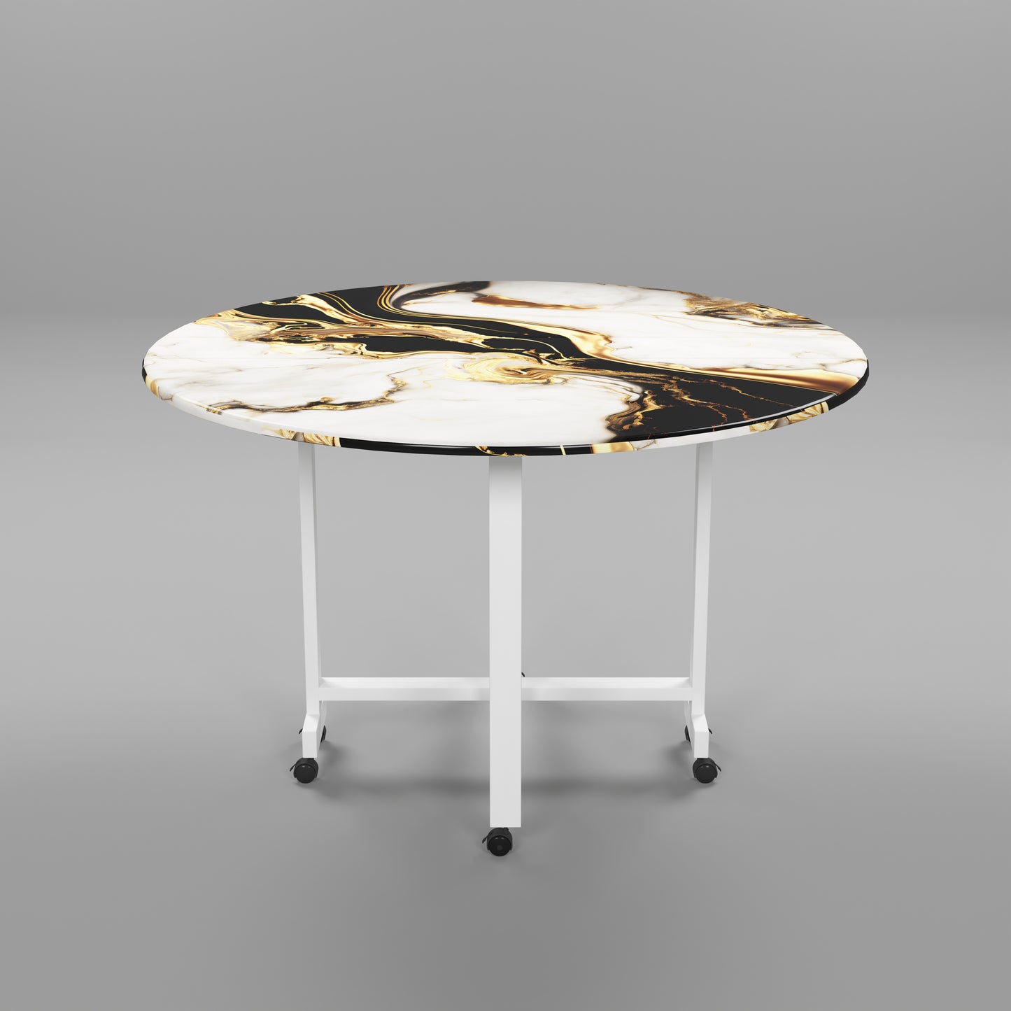 Folding Dining Table( Round, White and Black with Gold Marble, White Metal Frame)