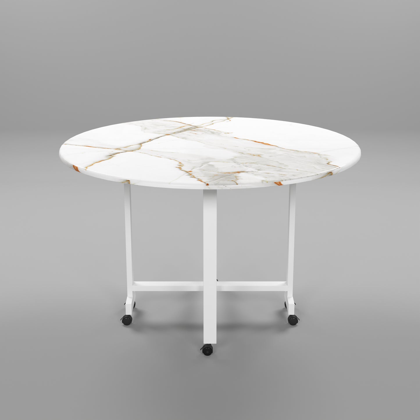Folding Dining Table( Round, White with Gold Marble, White Metal Frame)