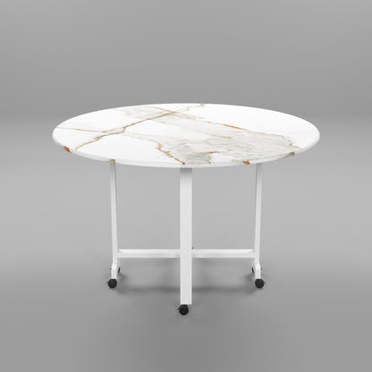 Folding Dining Table( Round, White with Gold Marble, White Metal Frame)