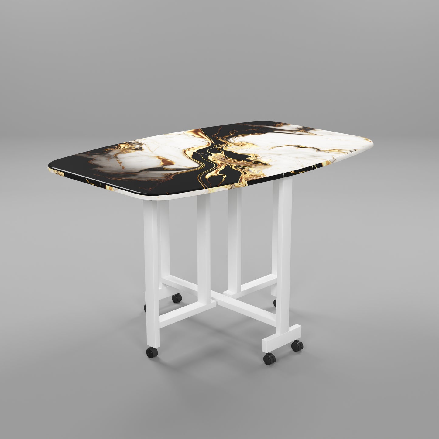Folding Dining Table( Italian, White and Black with Gold Marble, White Metal Frame)