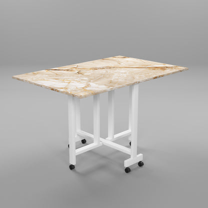 Folding Dining Table(Rectangular, Gold Marble, White Metal Frame)