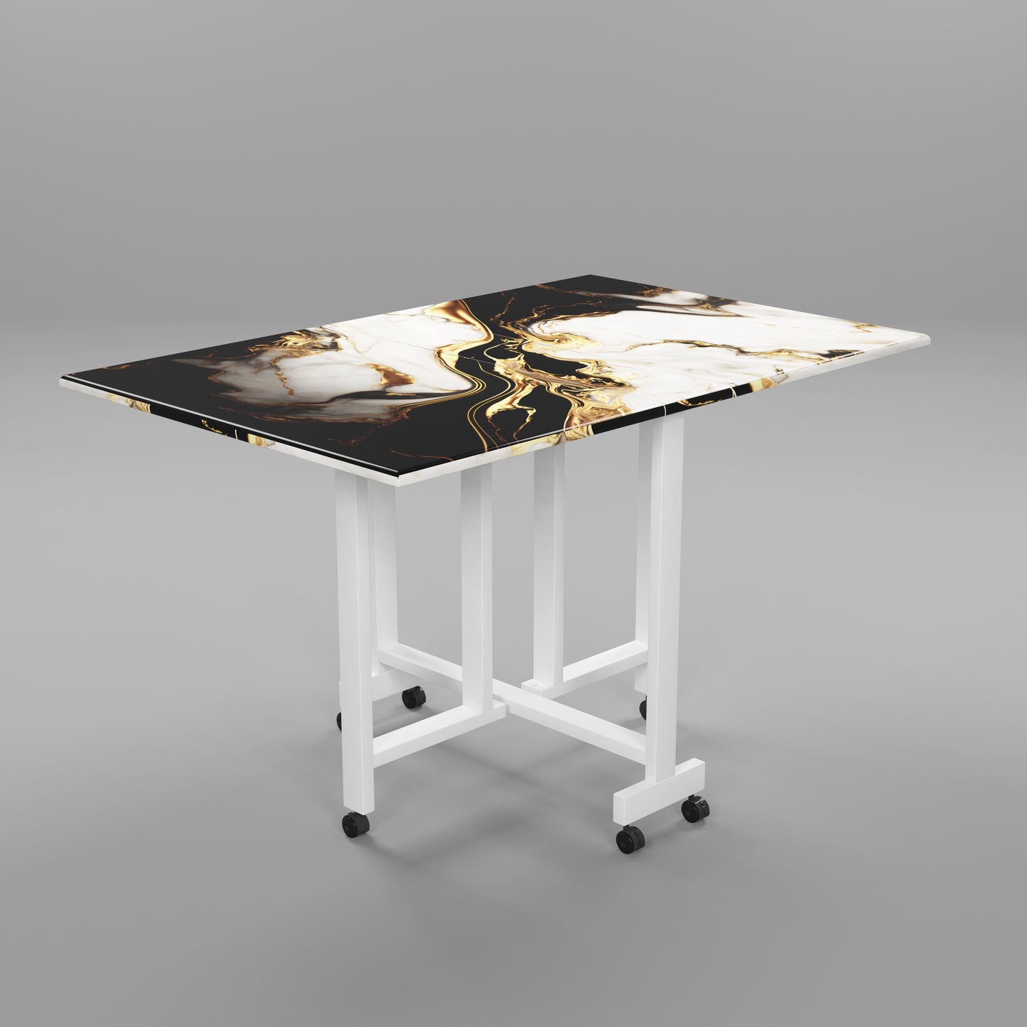 Folding Dining Table(Rectangular, White and Black with Gold Marble, White Metal Frame)