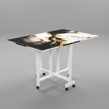 Folding Dining Table(Rectangular, White and Black with Gold Marble, White Metal Frame)