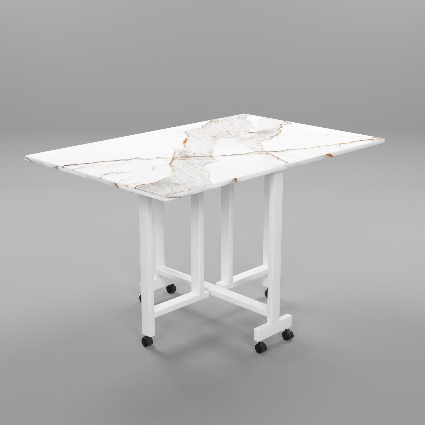 Folding Dining Table(Rectangular, White with Gold Marble, White Metal Frame)