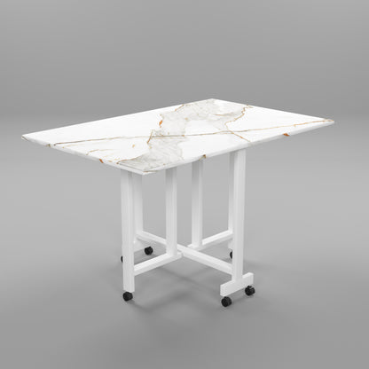Folding Dining Table(Rectangular, White with Gold Marble, White Metal Frame)