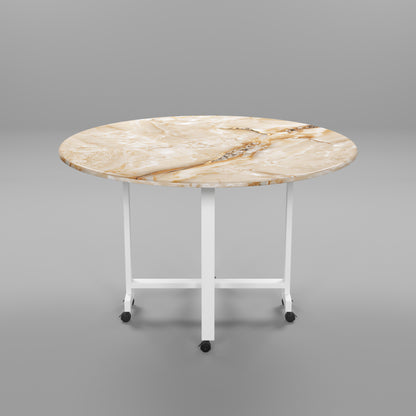 Folding Dining Table( Round, Gold Marble, White Metal Frame)