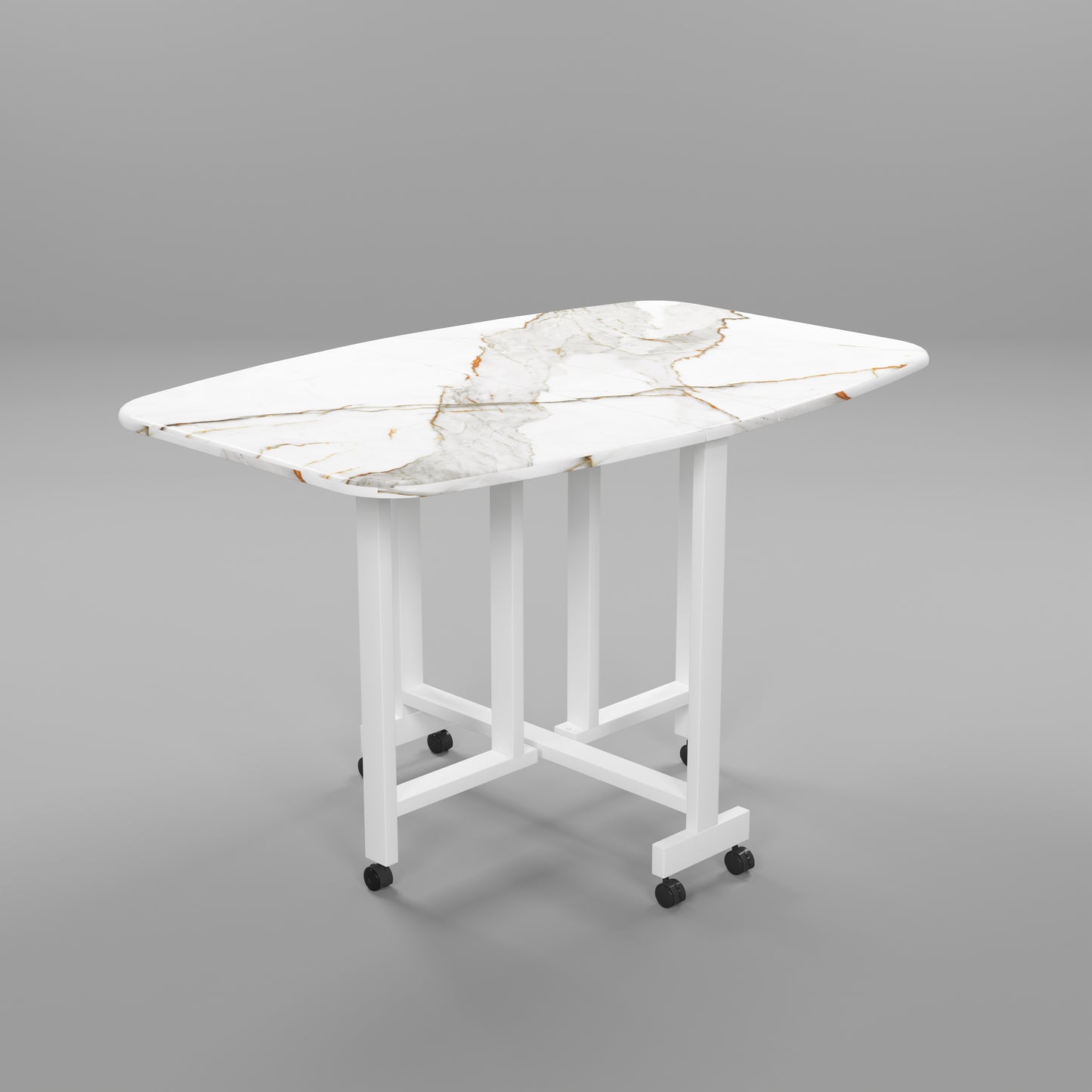 Folding Dining Table( Italian, White with Gold Marble, White Metal Frame)
