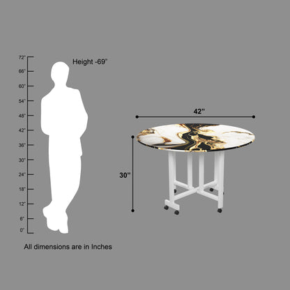 Folding Dining Table( Round, White and Black with Gold Marble, White Metal Frame)