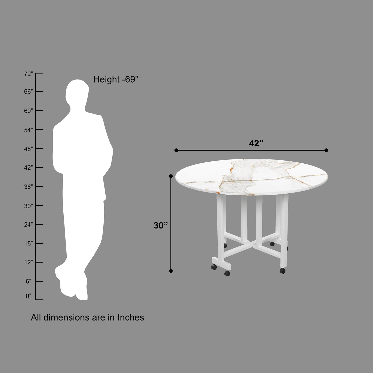 Folding Dining Table( Round, White with Gold Marble, White Metal Frame)